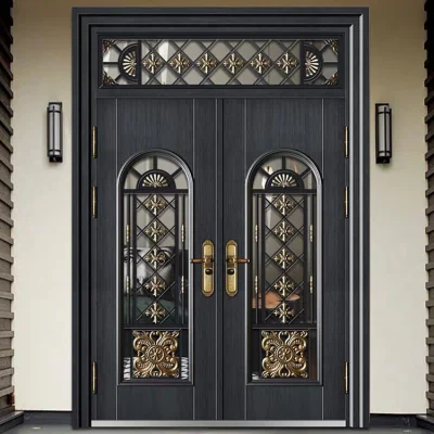 New Design House Luxury Front Doors Steel Copper Door with Glass Iron Pattern Model